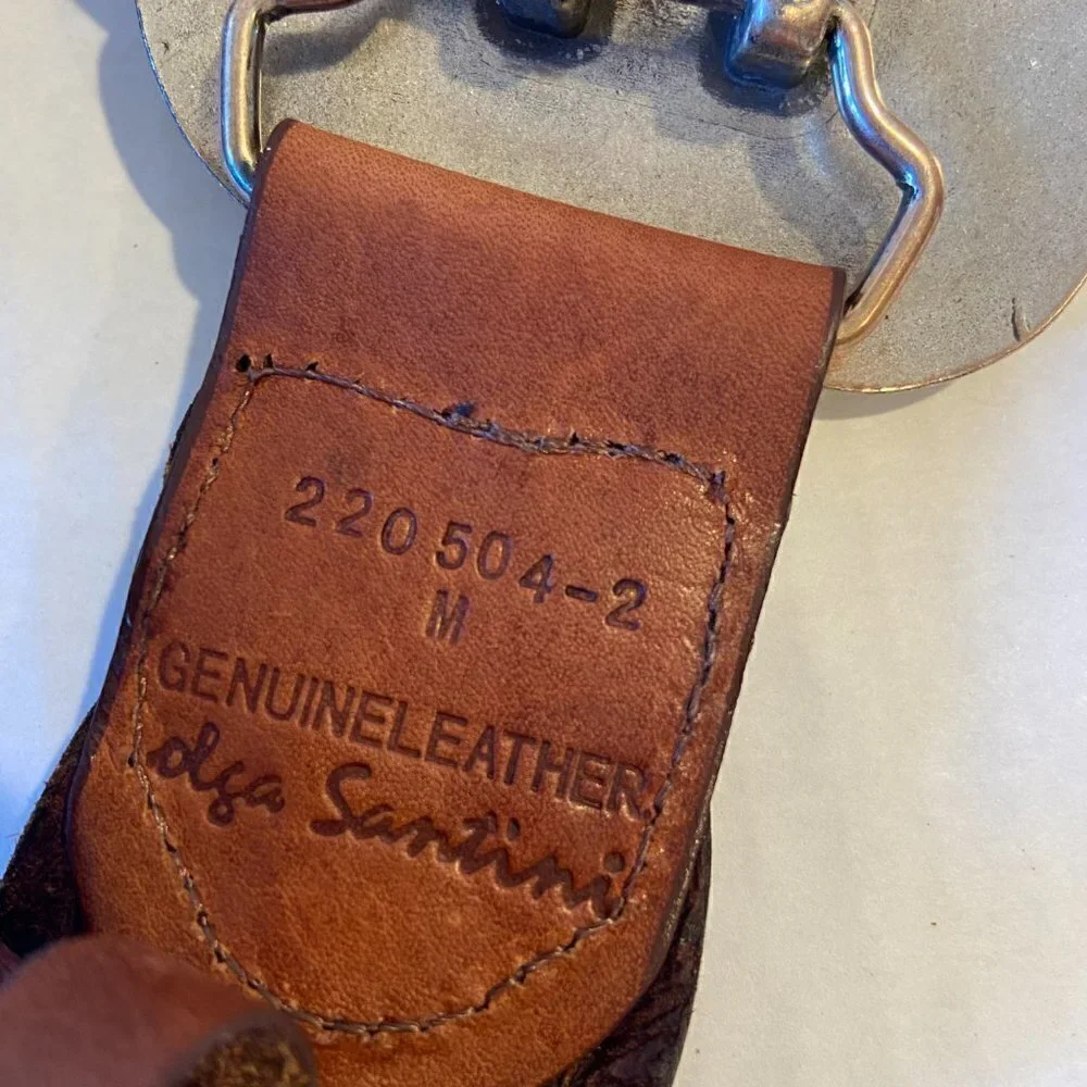 Olga Santini genuine brown leather western belt with large jeweled buckle, M